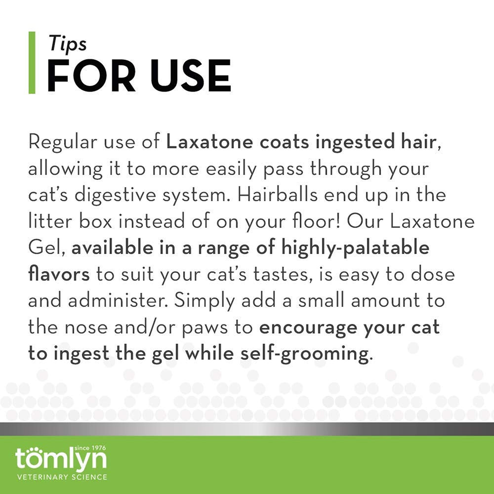 TOMLYN Laxatone catnip hairball gel shown as a two-pack.