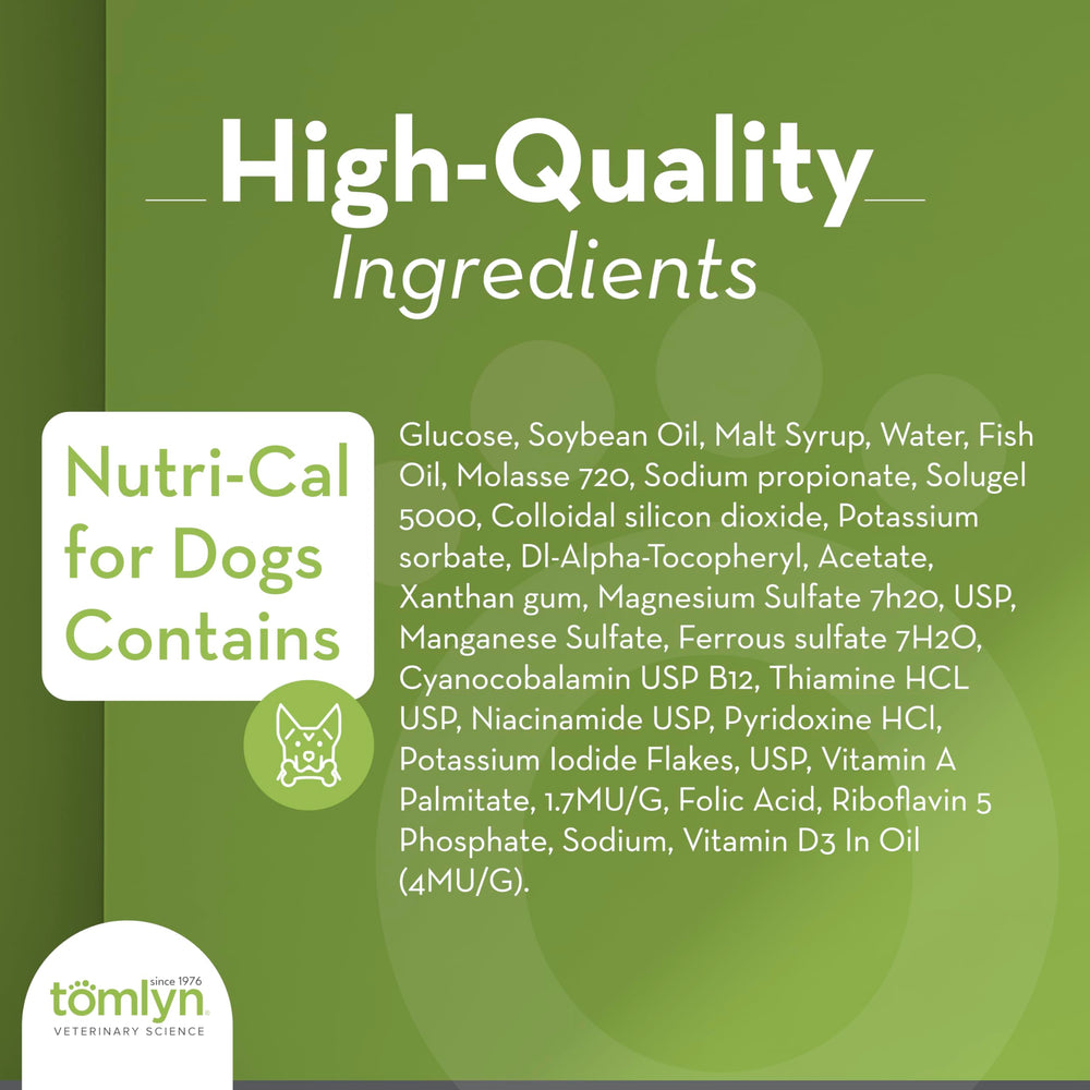 TOMLYN Nutri-Cal dog gel being offered directly to a dog.