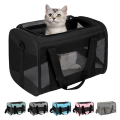 Top tasta pet carrier shown from the front with its black fabric and mesh panels.