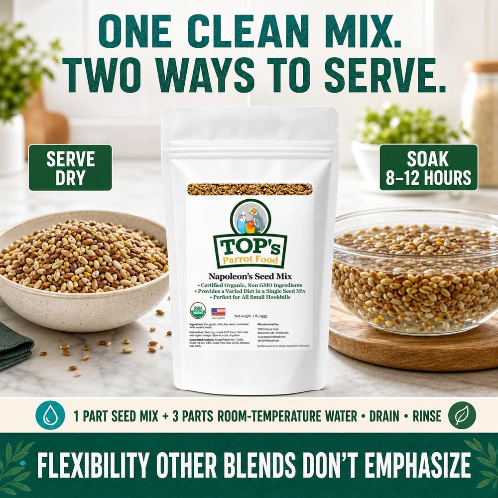 TOP's Napoleon's seed mix package highlighting its ingredient exclusions.