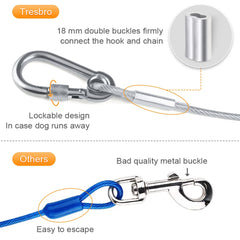 Tresbro dog tie-out cable showing the swivel eye hook attachment.
