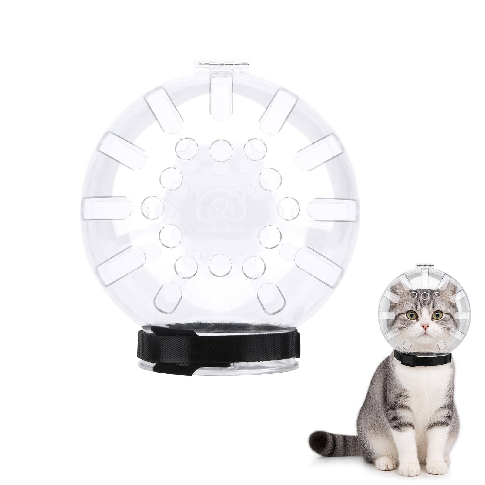 Trivolein cat grooming muzzle shown from the front with its clear helmet-style cover.