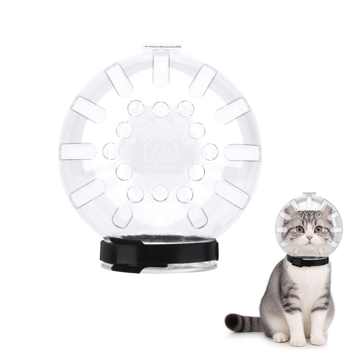 Trivolein cat grooming muzzle shown from the front with its clear helmet-style cover.