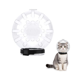 Trivolein cat grooming muzzle shown from the front with its clear helmet-style cover.