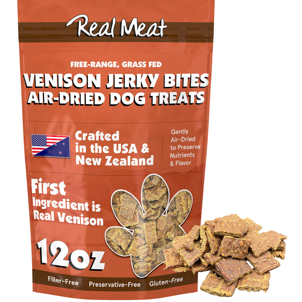 TRMC venison dog treats shown in a front-facing bag view.