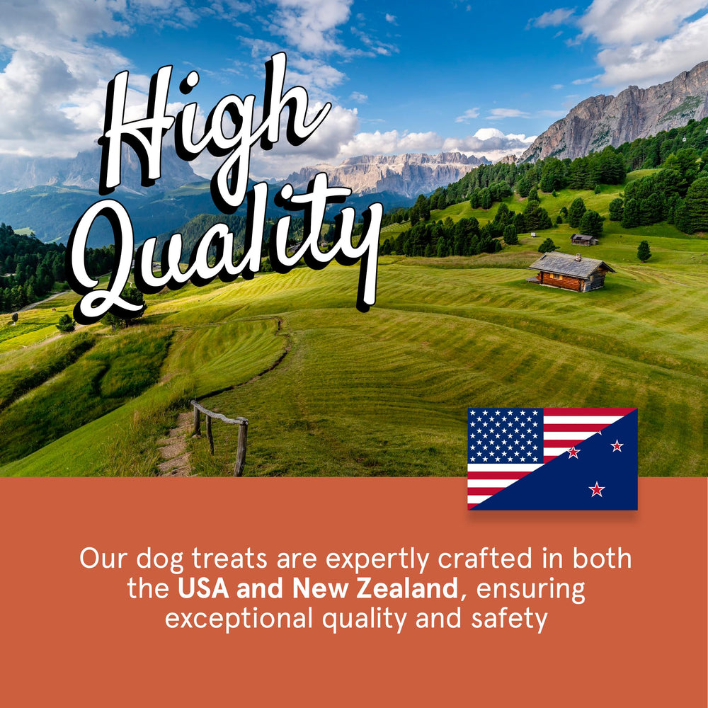 TRMC venison dog treats with a close view of nutrition details.