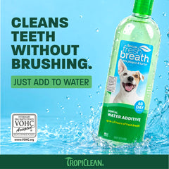 TropiClean Dental Water Additive label shown in a close-up.