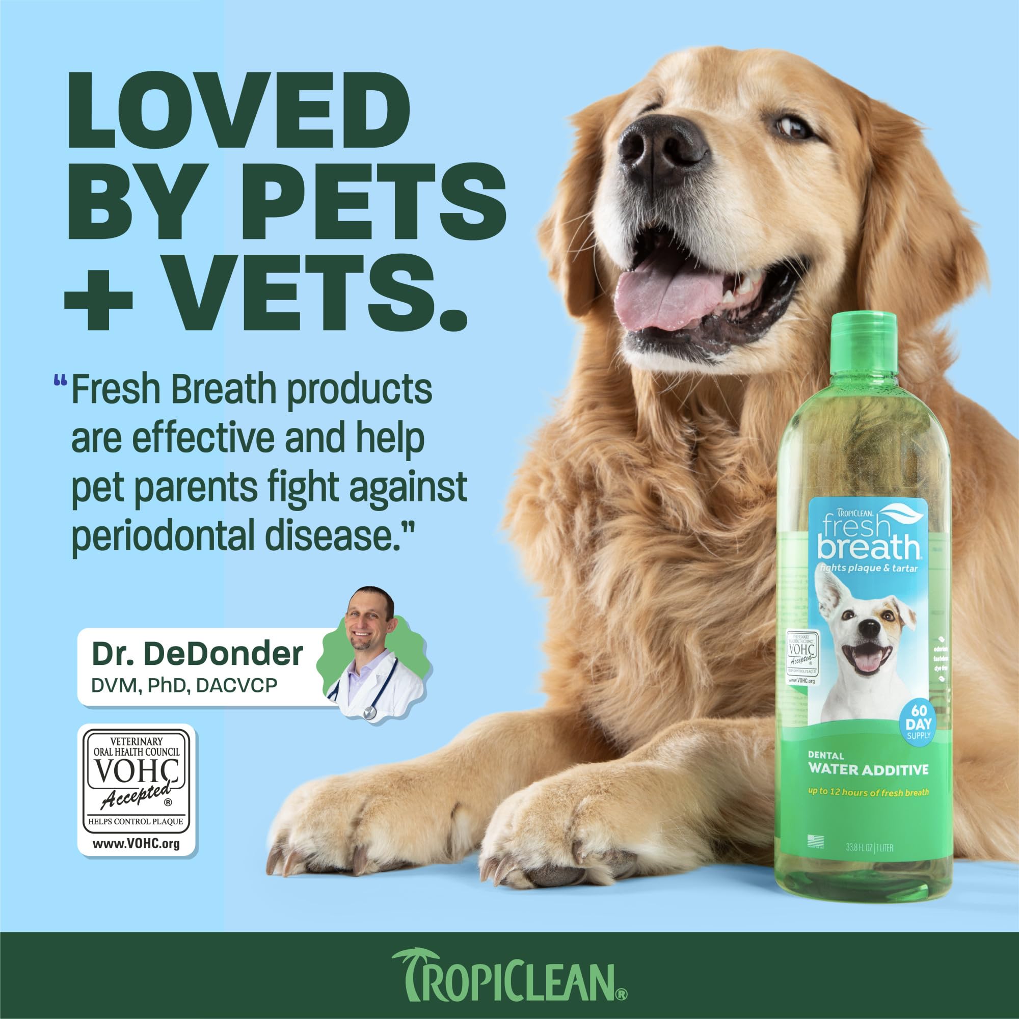 TropiClean Dental Water Additive bottle showing its volume label.