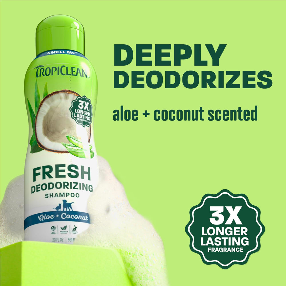 TropiClean deodorizing dog shampoo shown with its back label.