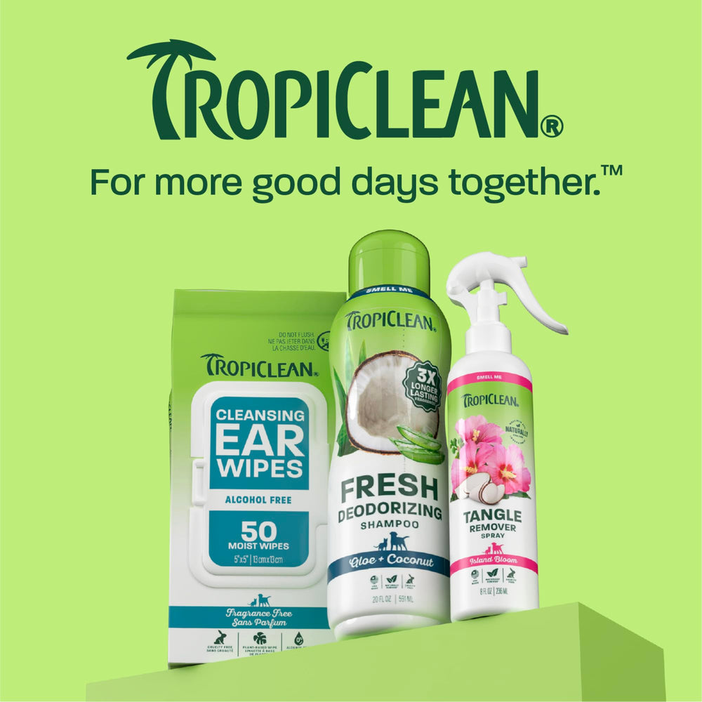 TropiClean deodorizing dog shampoo featuring its naturally derived formula.