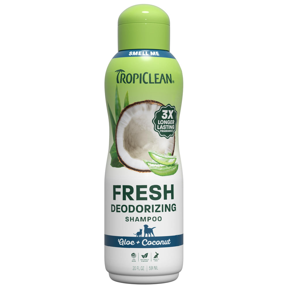 TropiClean deodorizing dog shampoo shown from the front.