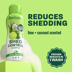 TropiClean Deshedding Dog Shampoo with the back label in view.