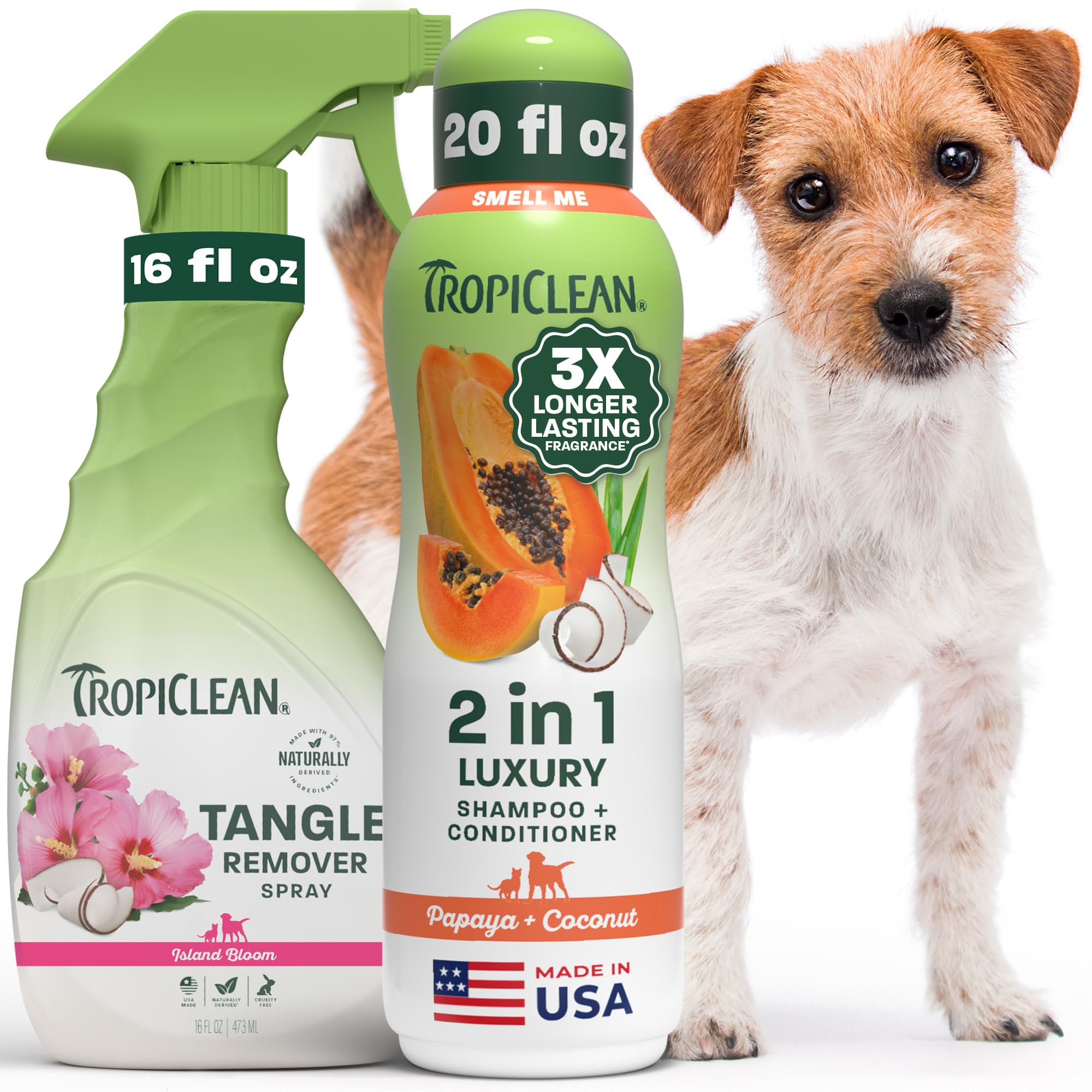 TropiClean dog grooming set with shampoo and detangler spray shown from the front.