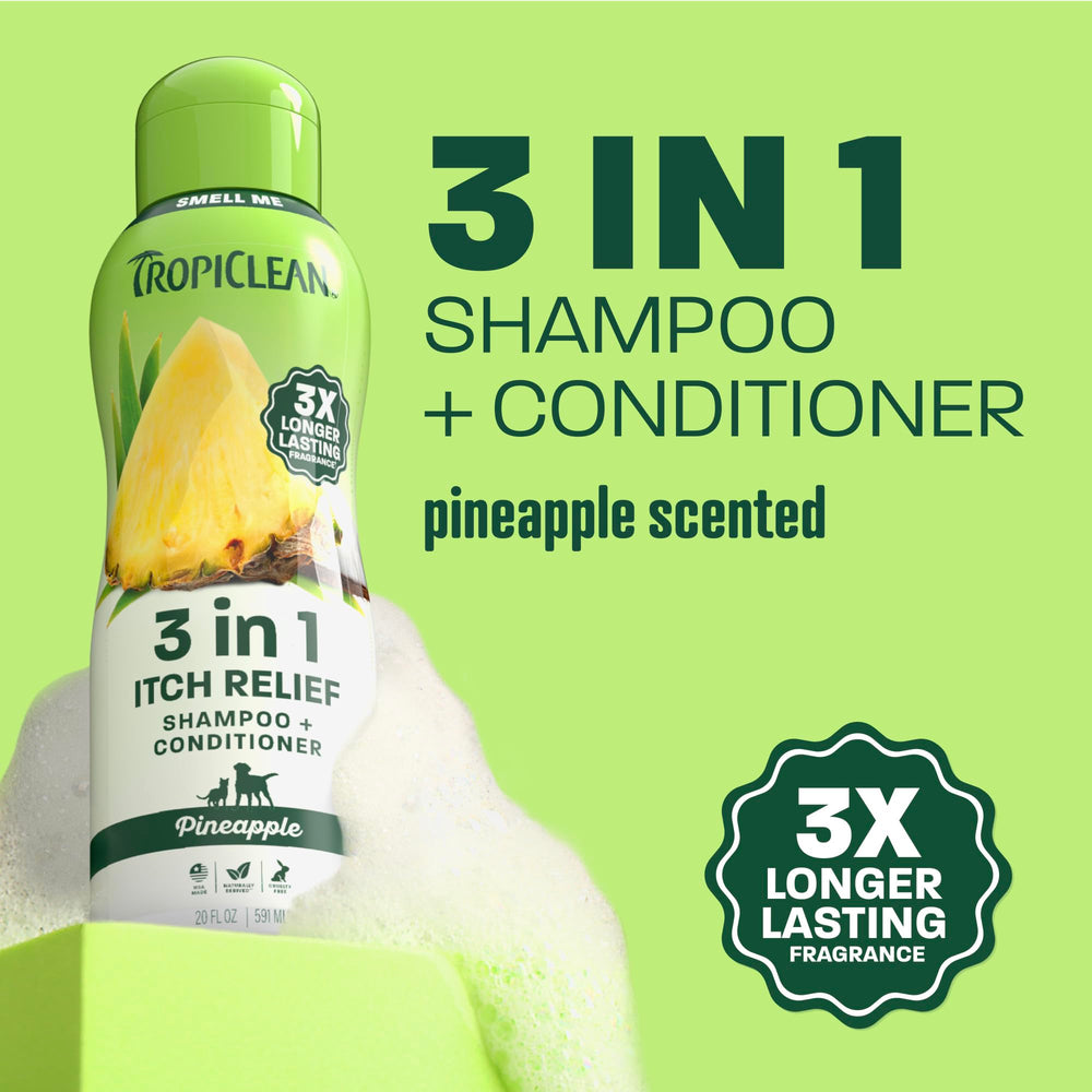 TropiClean dog shampoo bottle shown from the back with its label visible.