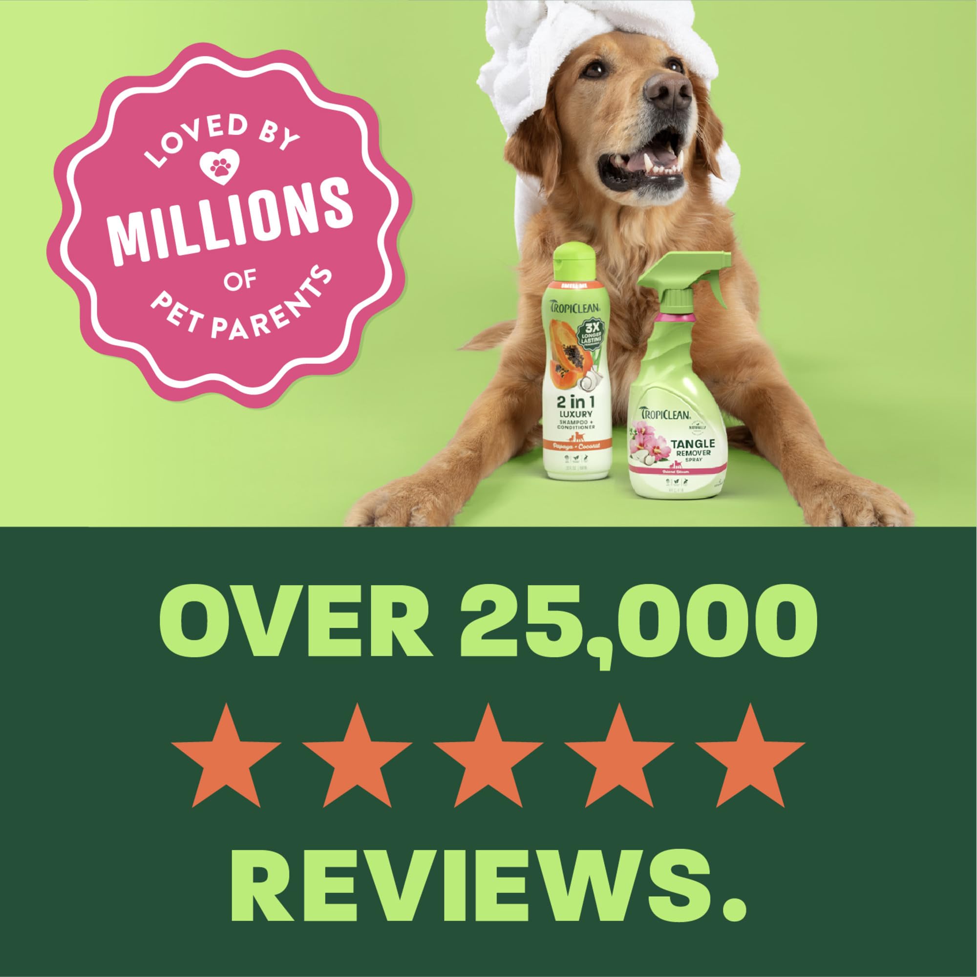 TropiClean dog shampoo and conditioner shown during a dog’s bath.