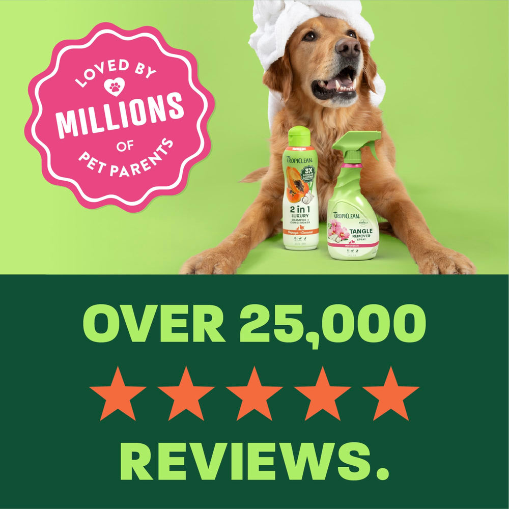 TropiClean dog shampoo and conditioner shown during a dog’s bath.