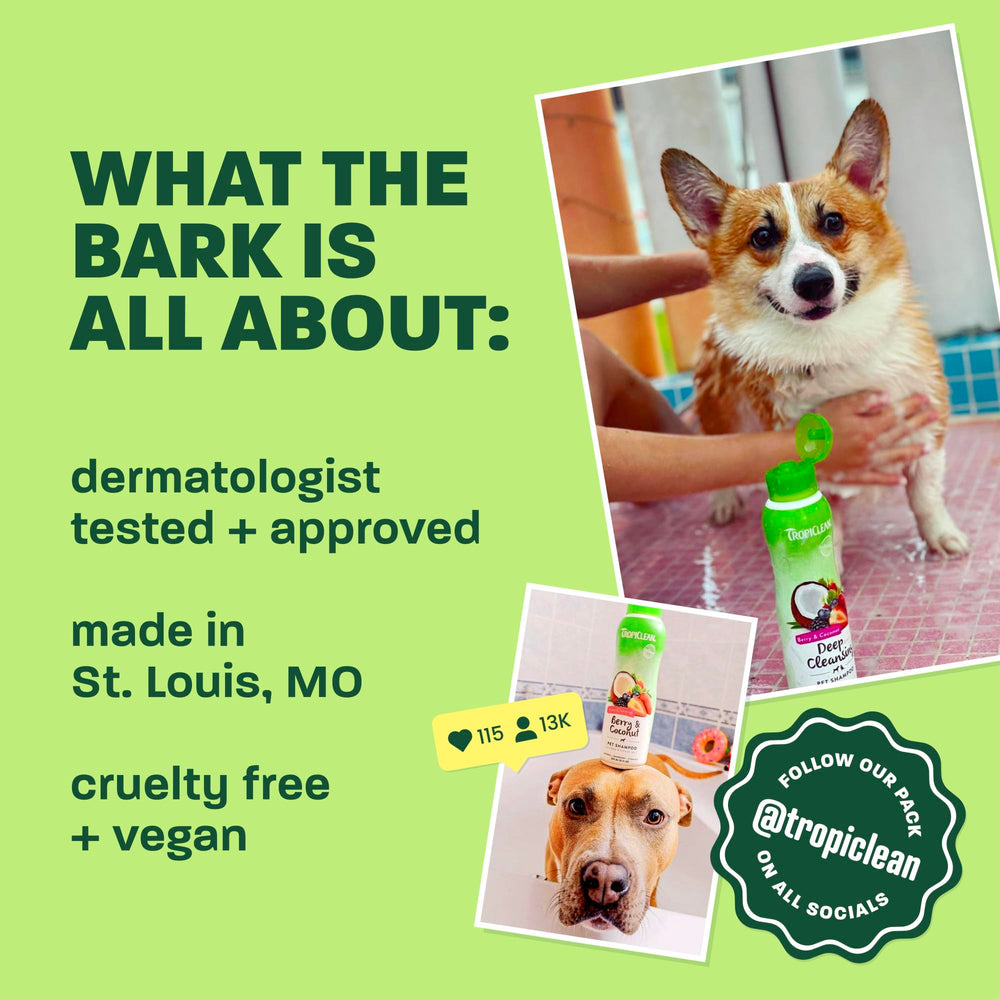 TropiClean dog shampoo shown in a close-up product view.