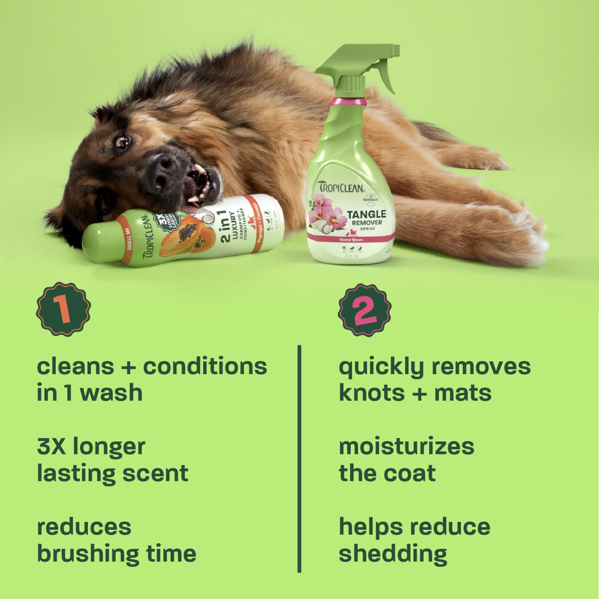 TropiClean dog shampoo and conditioner label shown in close-up.