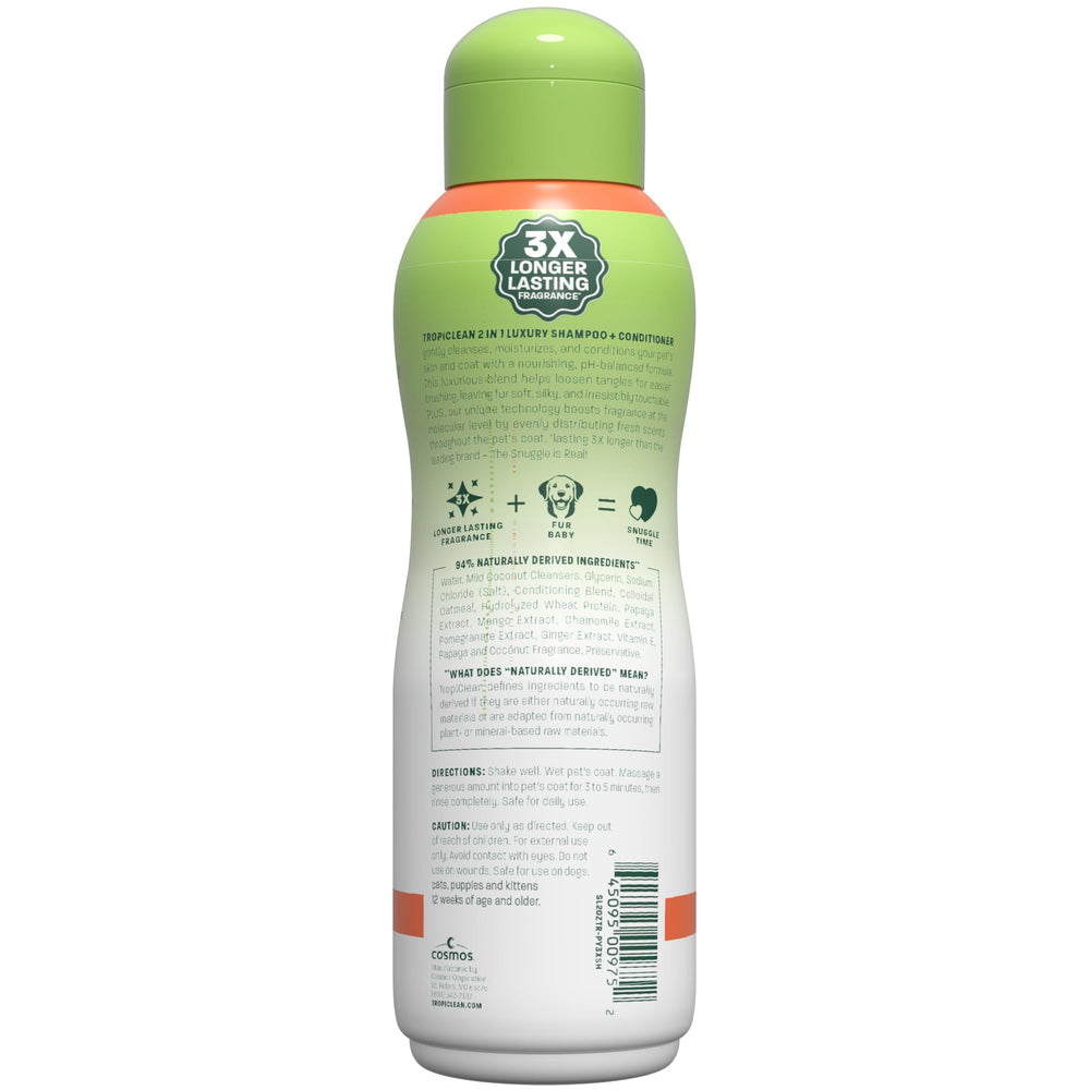 TropiClean dog shampoo and conditioner packaging shown from another view.