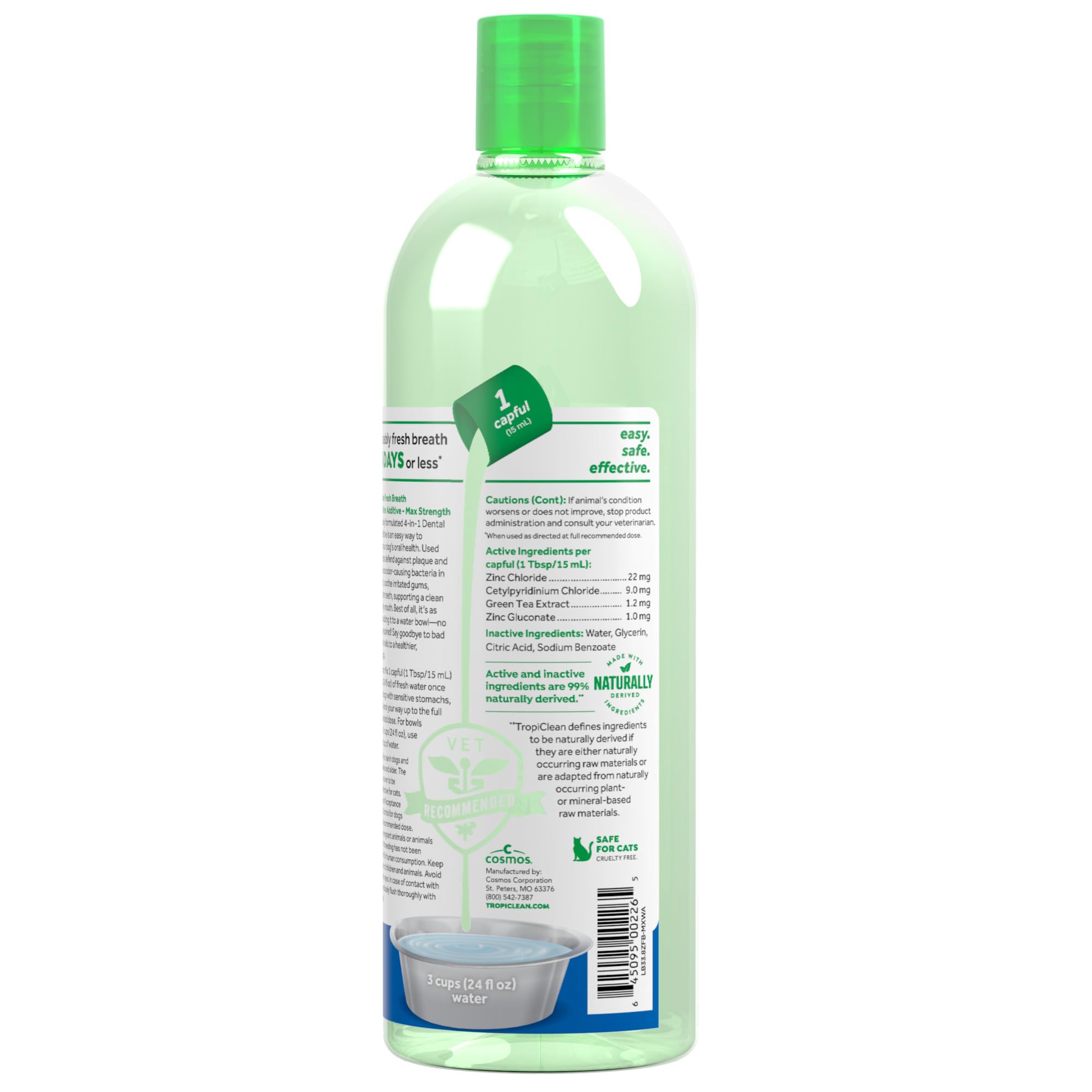 TropiClean dog water additive bottle shown with its product packaging.