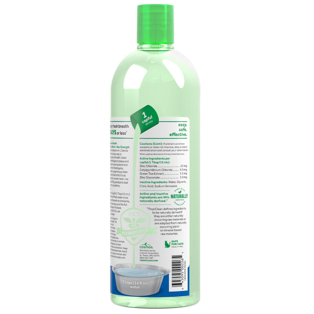 TropiClean dog water additive bottle shown with its product packaging.