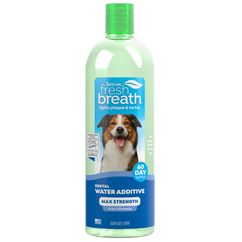 TropiClean dog water additive shown from the front of its bottle.