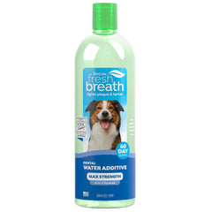 TropiClean dog water additive shown from the front of its bottle.