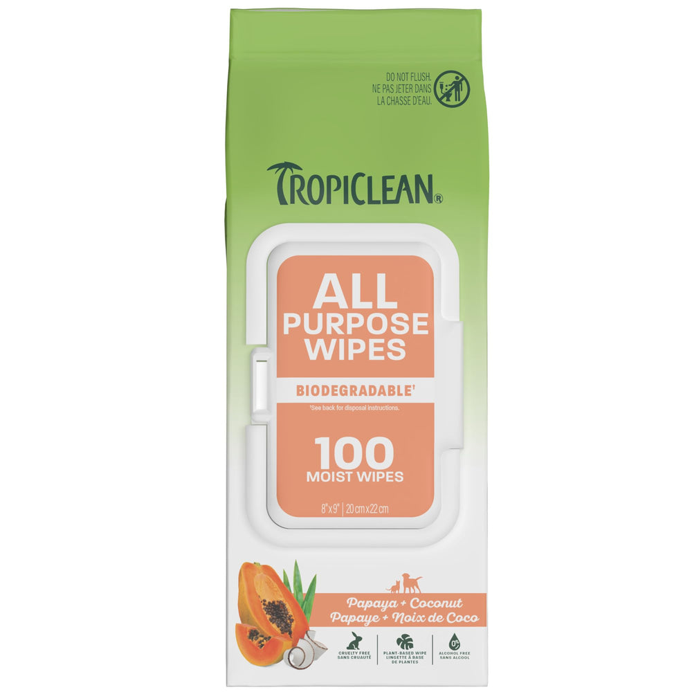 TropiClean dog cleaning wipes shown with the front of the packaging visible.