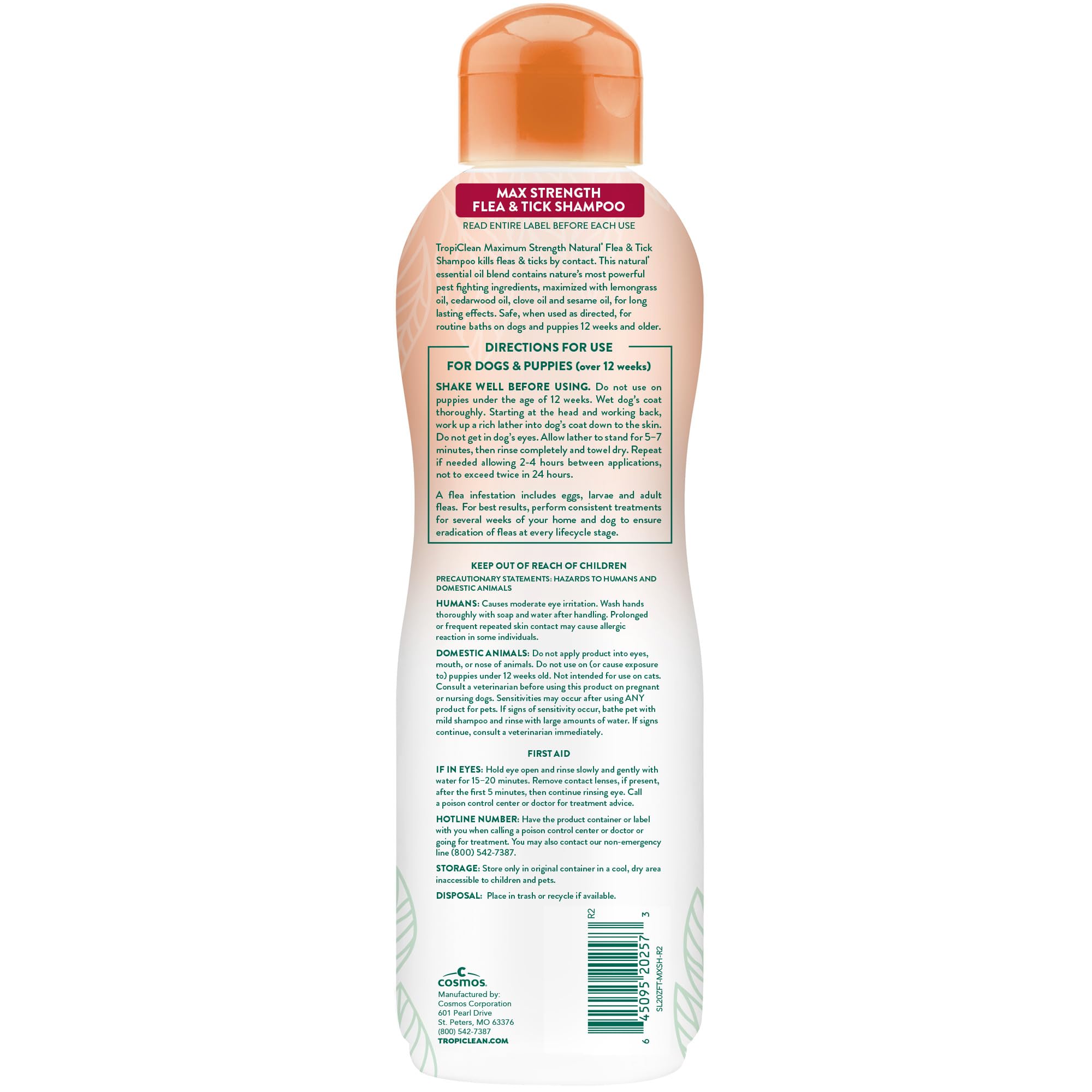 TropiClean flea and tick shampoo for dogs shown from the back.