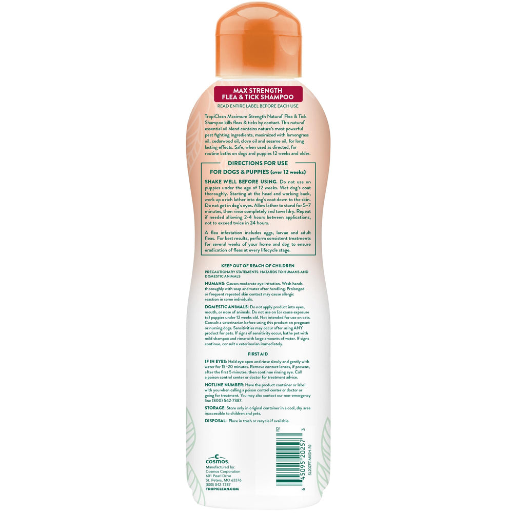 TropiClean flea and tick shampoo for dogs shown from the back.
