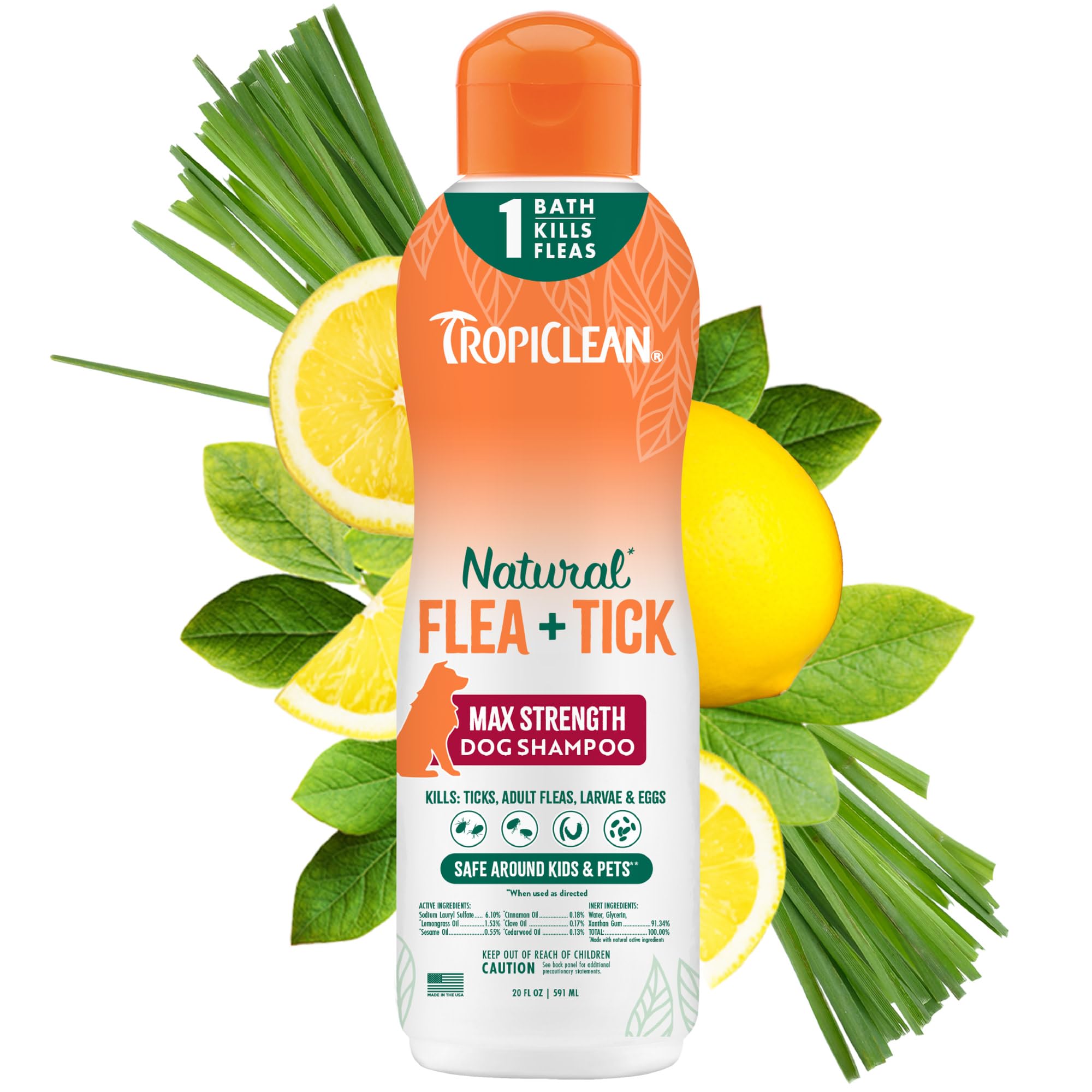 TropiClean flea and tick shampoo for dogs shown from the front.