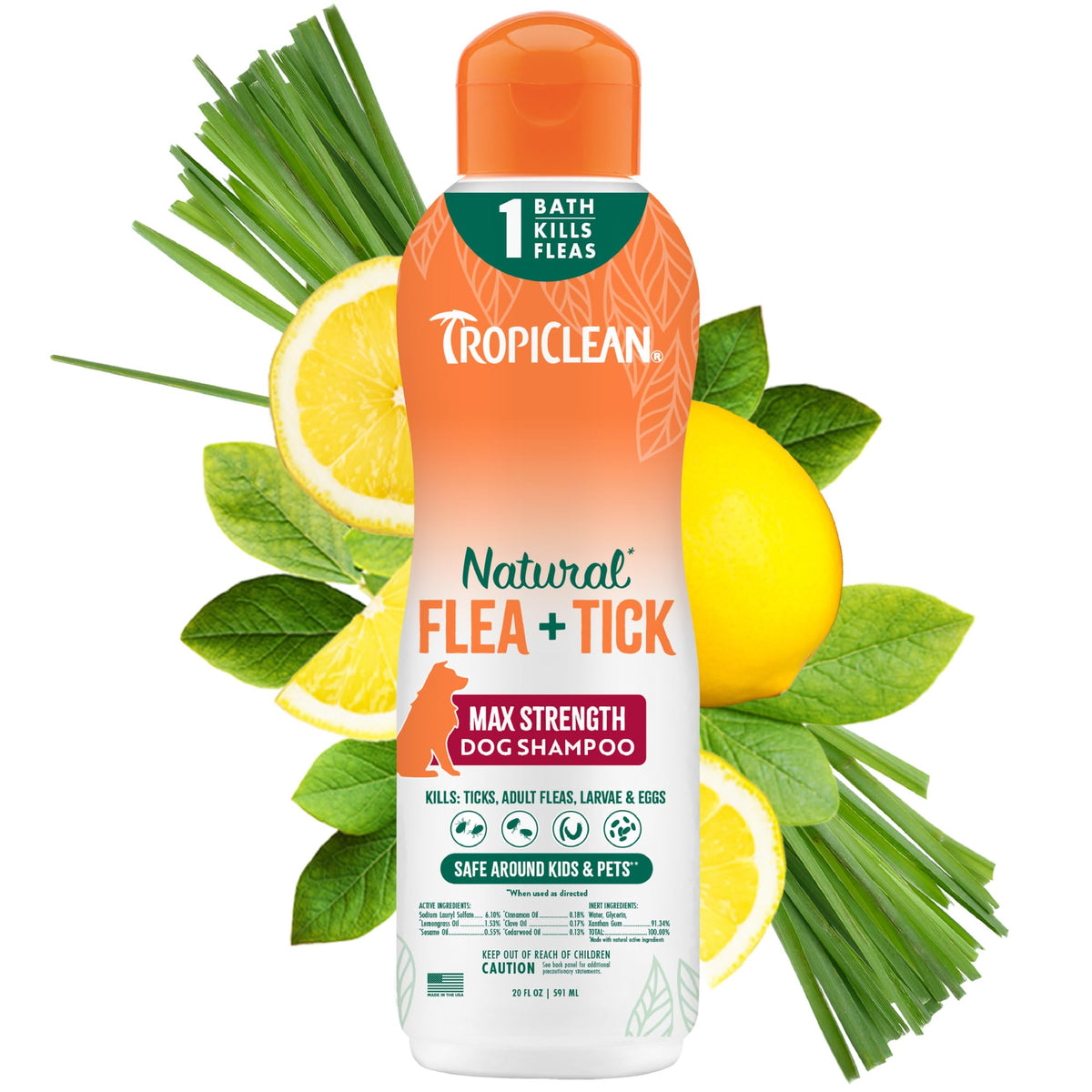 TropiClean flea and tick shampoo for dogs shown from the front.