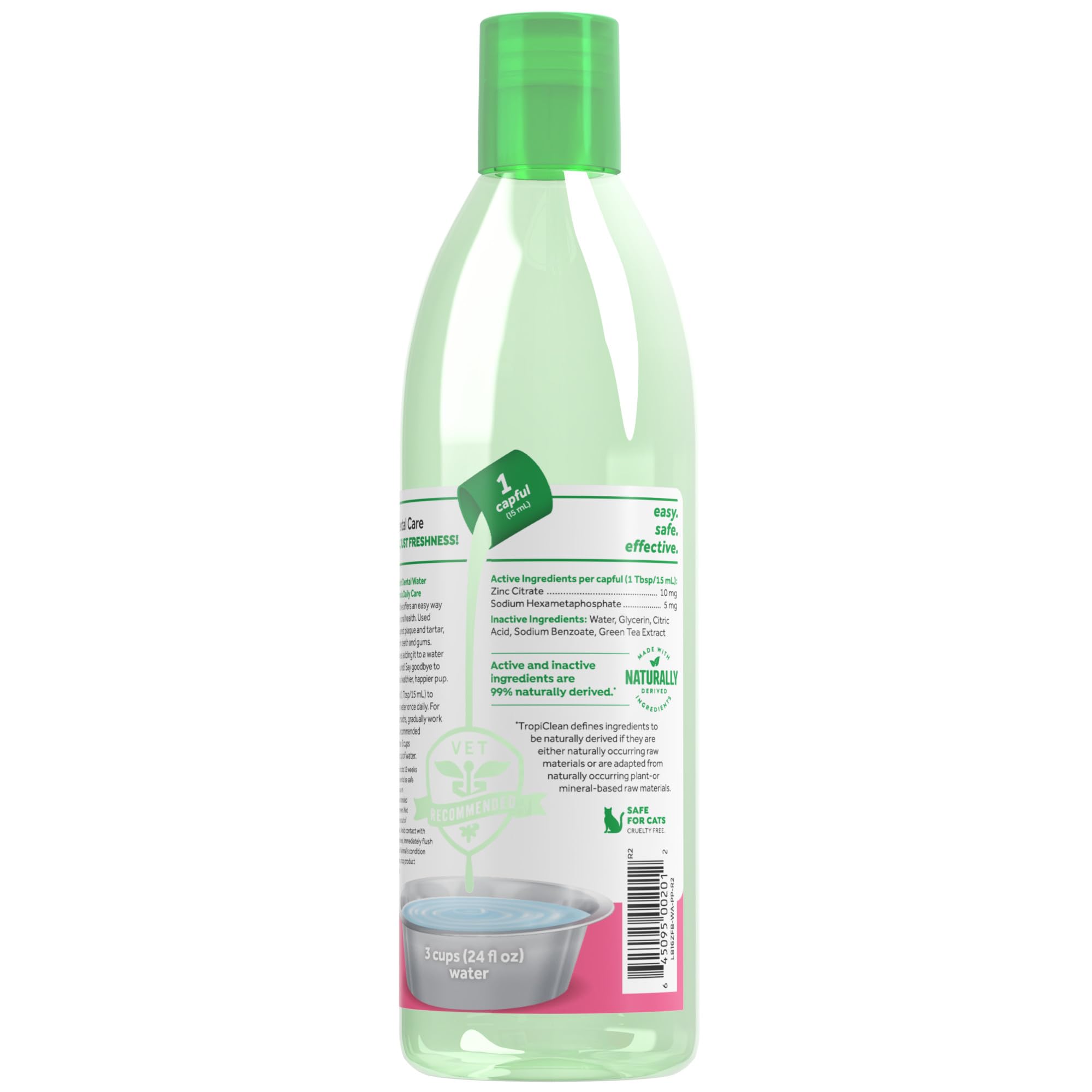TropiClean Fresh Breath Dental Water Additive bottle shown as a product view.