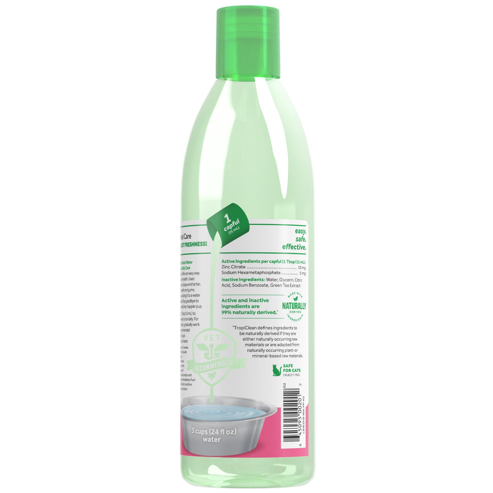 TropiClean Fresh Breath Dental Water Additive bottle shown as a product view.