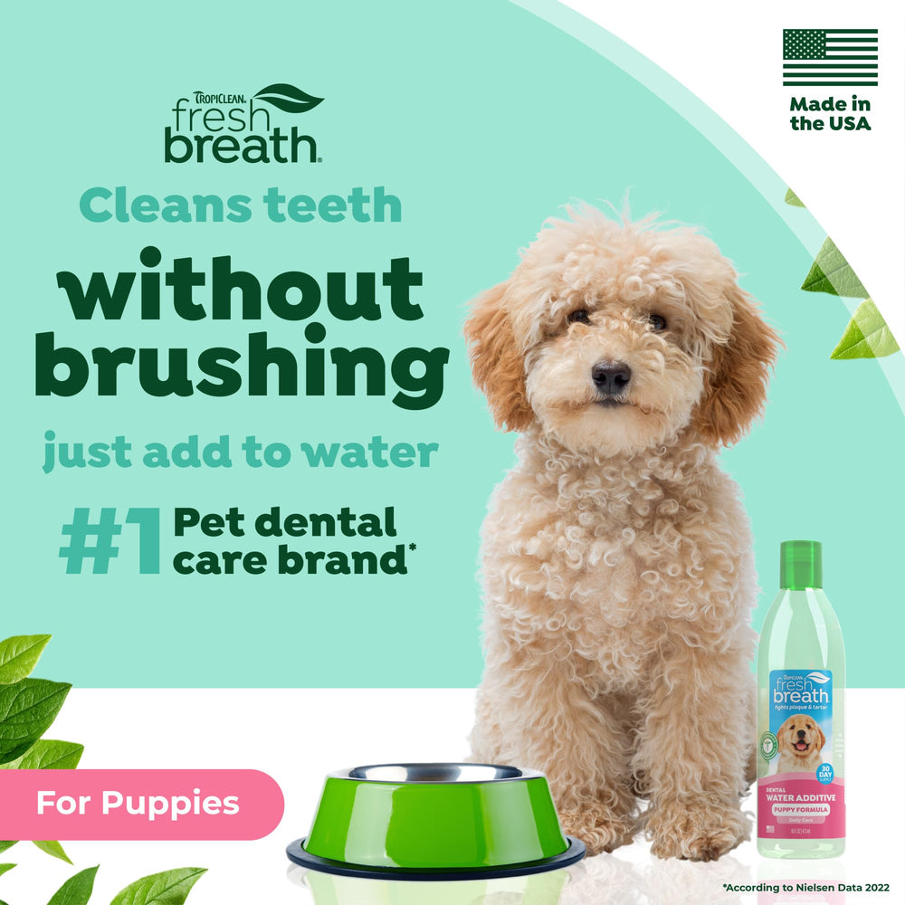TropiClean Fresh Breath Dental Water Additive label shown close up.