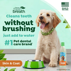 TropiClean Fresh Breath Water Additive bottle detail in close-up.