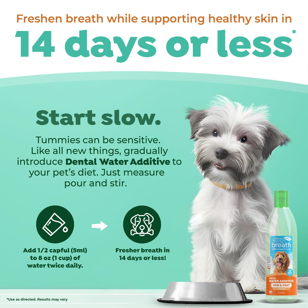 TropiClean Fresh Breath Water Additive being poured for use.