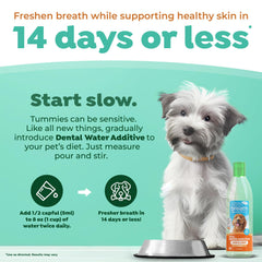 TropiClean Fresh Breath Water Additive being poured for use.