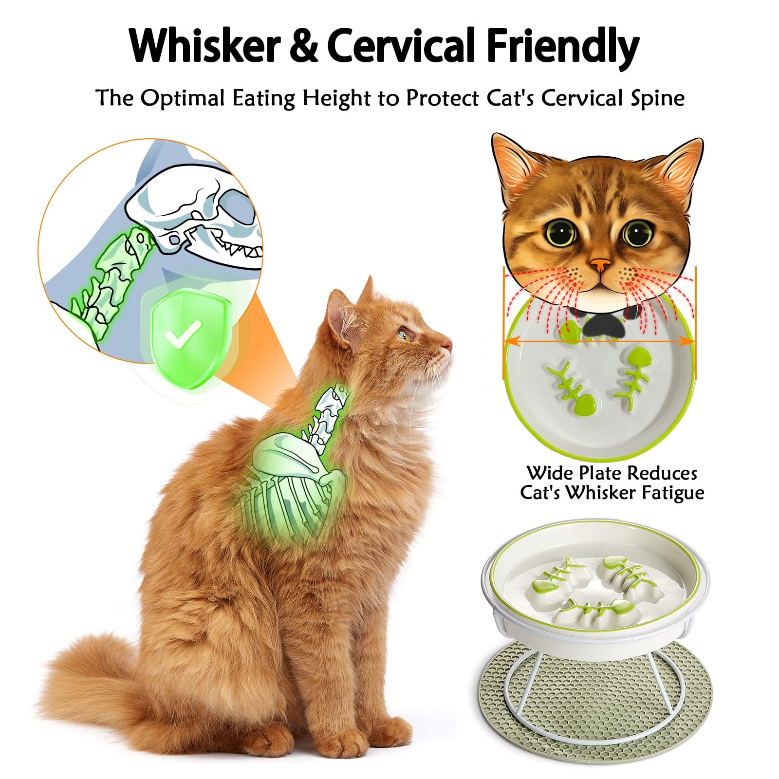 TRUNDISAN elevated ceramic slow feeder cat bowl highlighting its green glazed ceramic dish.