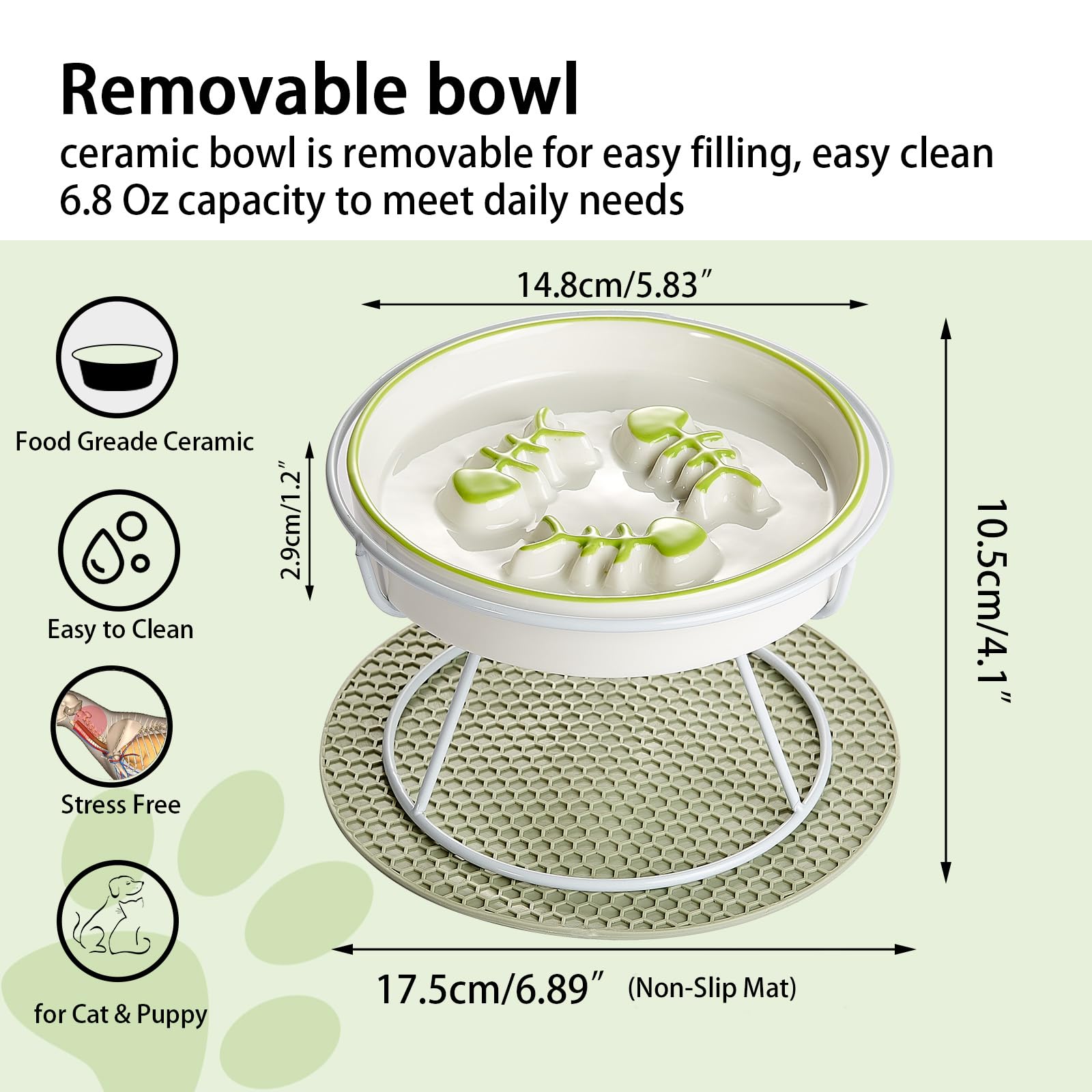 TRUNDISAN elevated ceramic slow feeder cat bowl with the removable dish lifted from its stand.