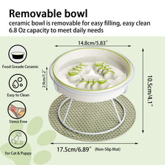 TRUNDISAN elevated ceramic slow feeder cat bowl with the removable dish lifted from its stand.