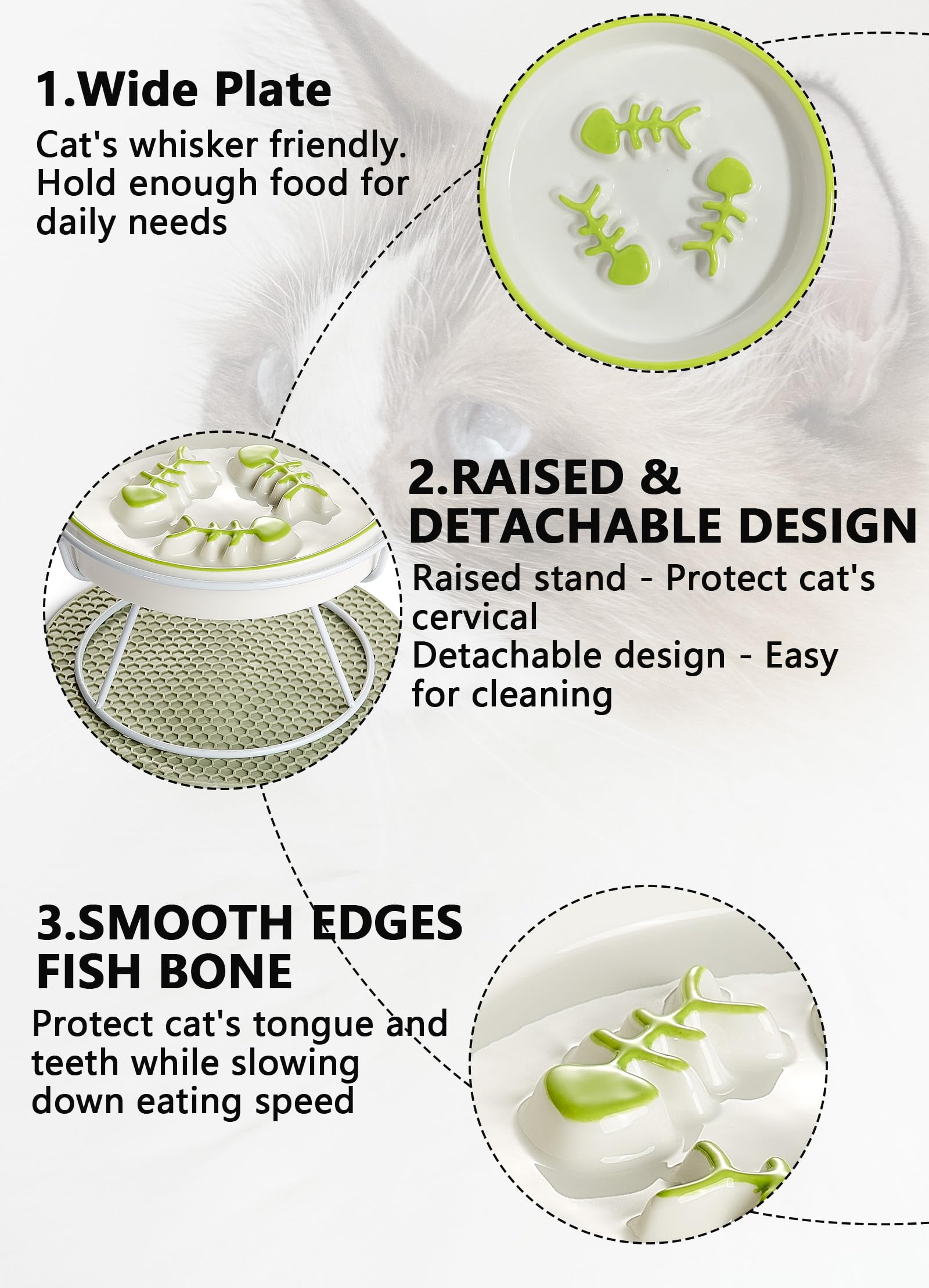 TRUNDISAN elevated ceramic slow feeder cat bowl showing the shaped feeding pattern inside.