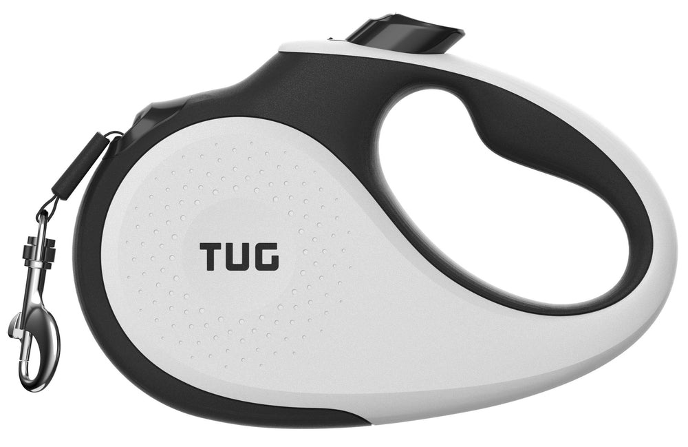 TUG retractable dog leash shown from the front in white.