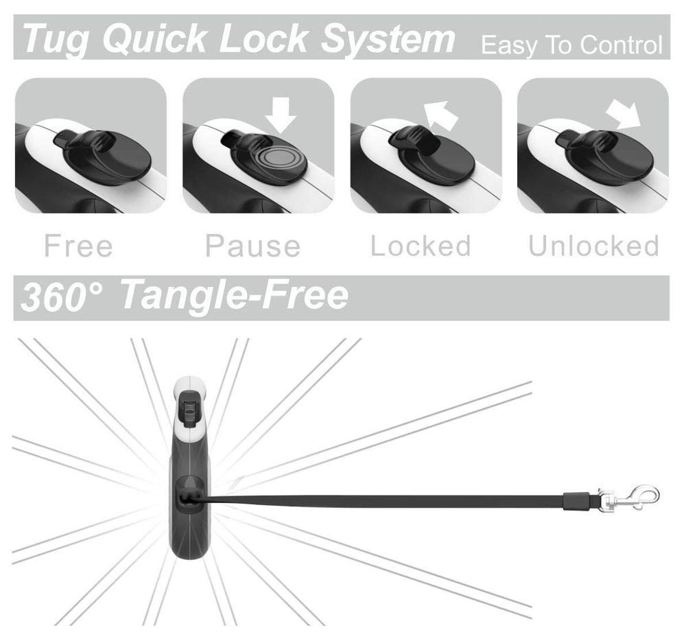 TUG retractable dog leash tape and 360-degree movement shown in detail.