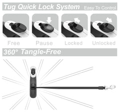 TUG retractable dog leash tape and 360-degree movement shown in detail.