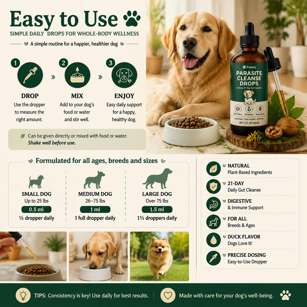 Tunhor Pawsy Parasite Cleanse Drops mixed with dog food.