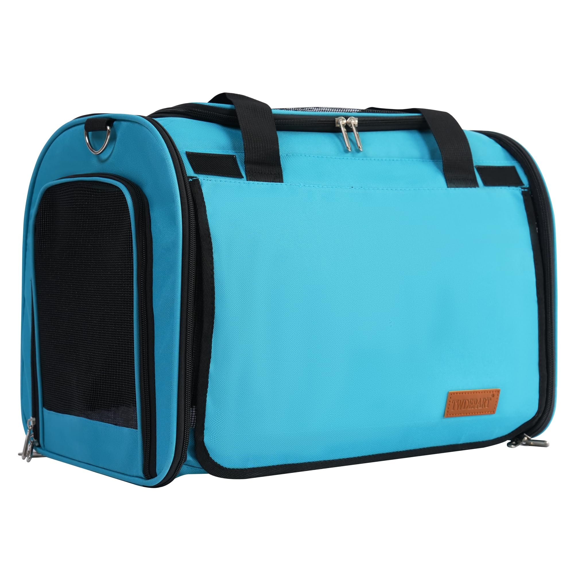 TWDEPART cat carrier backpack shown from the front in blue.