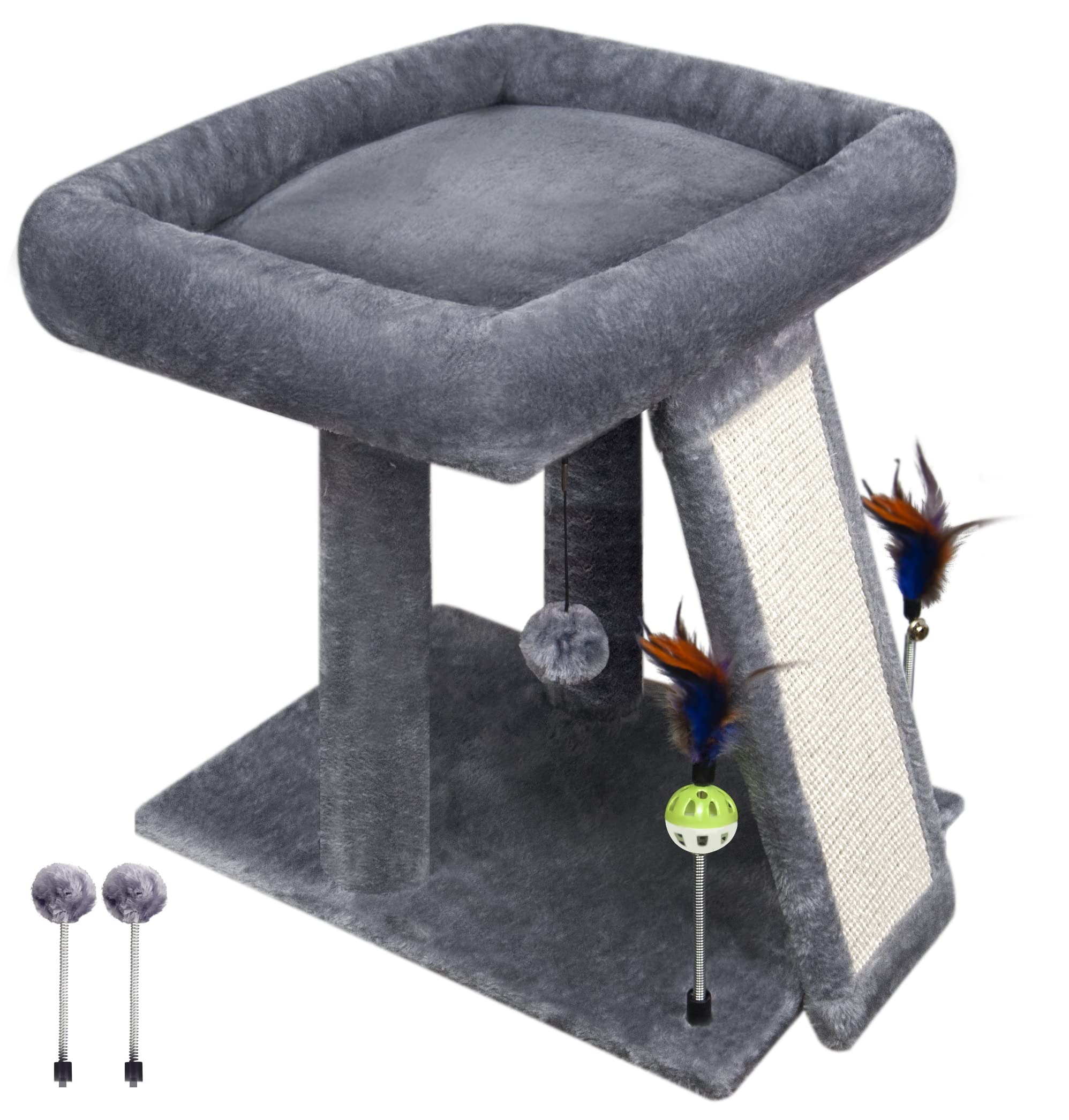 TWDEPART cat tree showing its hanging balls and spring balls for play.