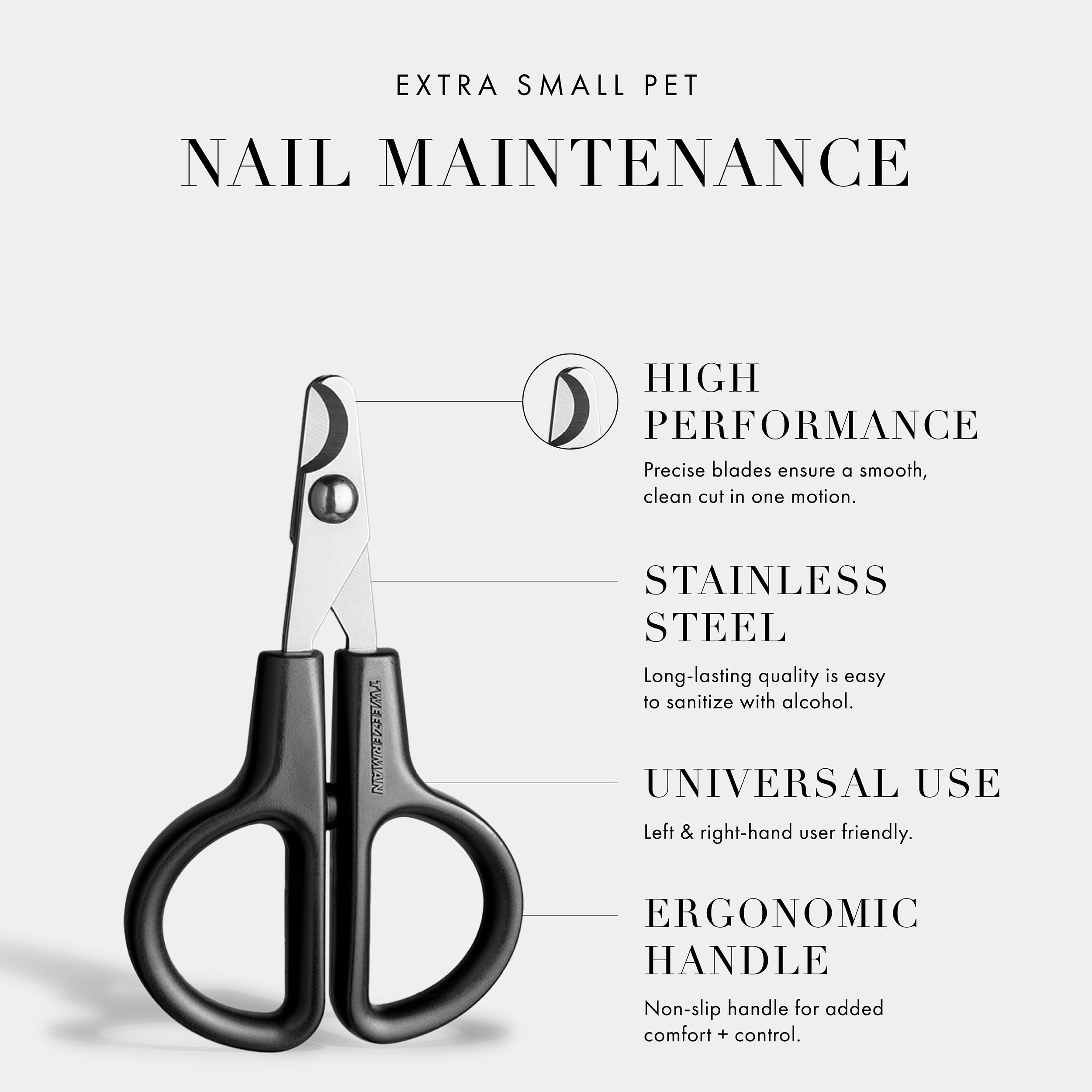 Tweezerman X-Small pet nail clippers shown at an open angle.