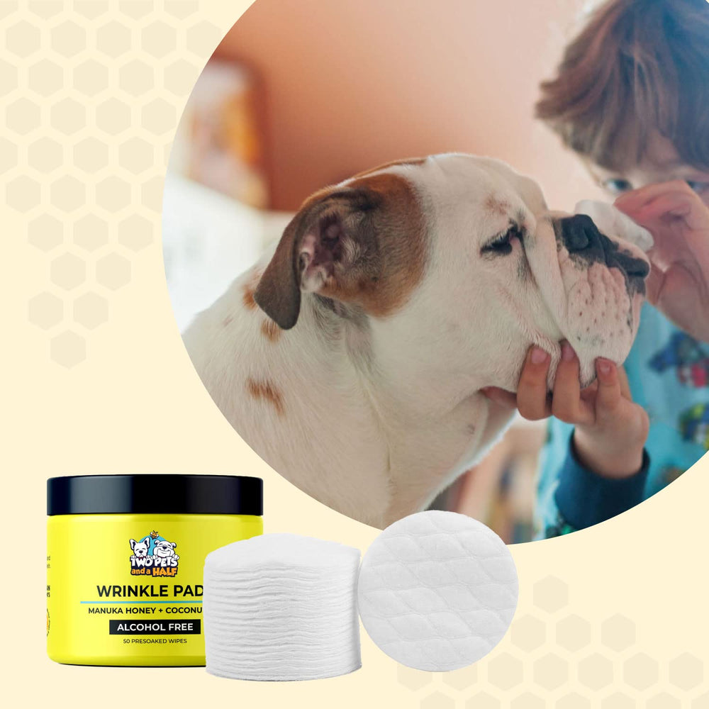 Two Pets and a Half Wrinkle Wipes shown for cleaning facial folds.